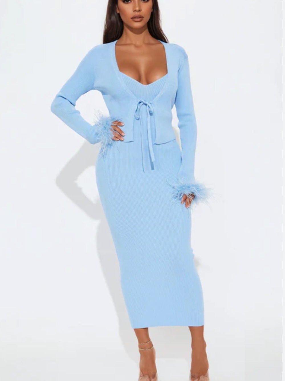 Feather-Trim Light Blue Ribbed Knit Midi Dress Set